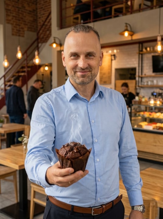 Tomasz Kramarczyk z Babeczką Kramara w dłoni, w lokalu Cukierni Wadowice